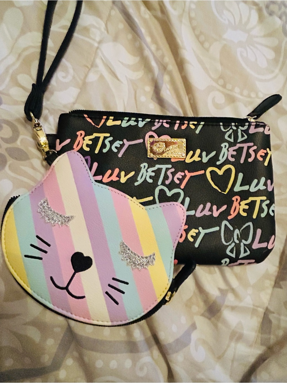 Betsey Johnson Pastel Stripe Cat Wristlet and card holder